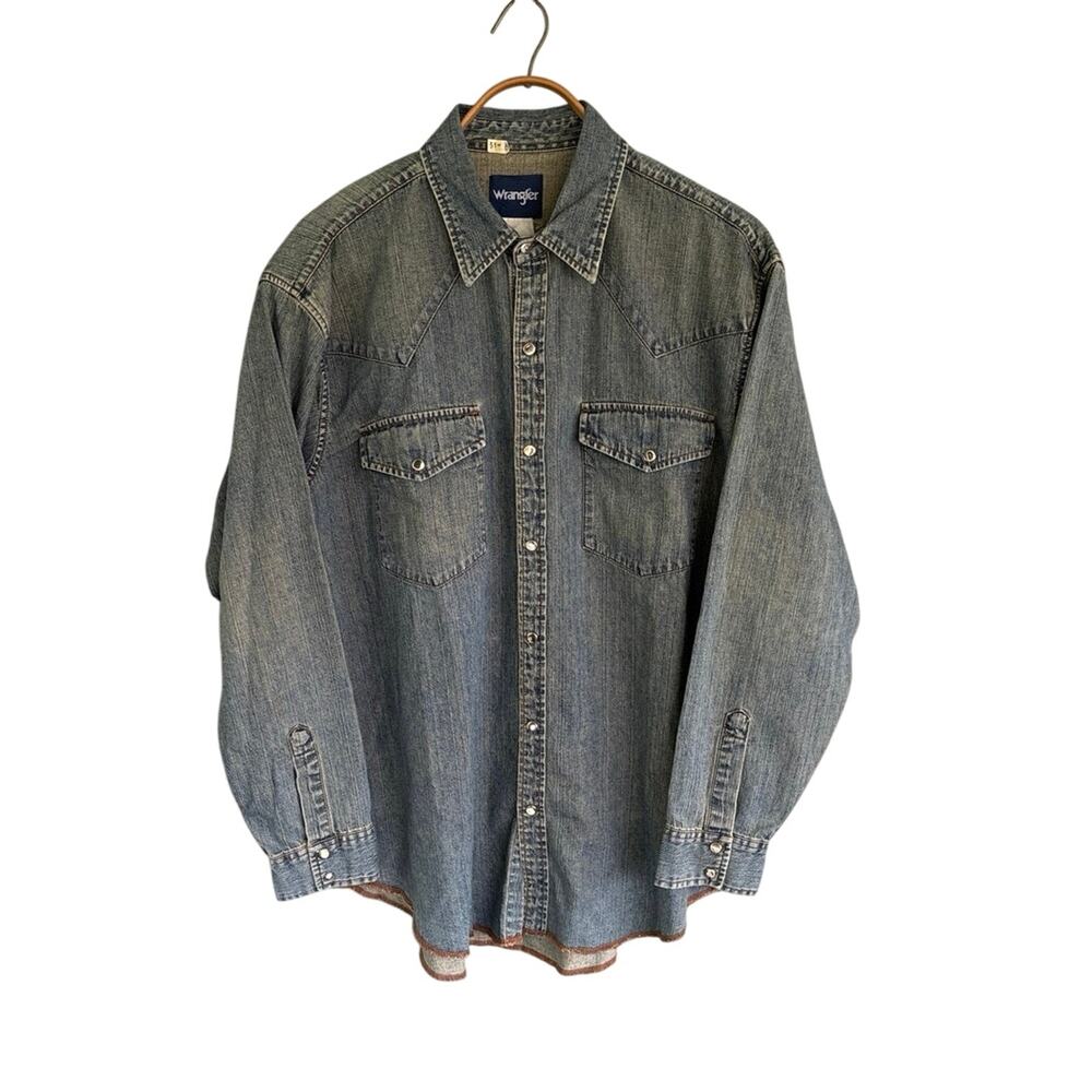 Wrangler Pearl Snap Vintage Western Denim Shirt Mens XL Blue 80s 90s USA Style